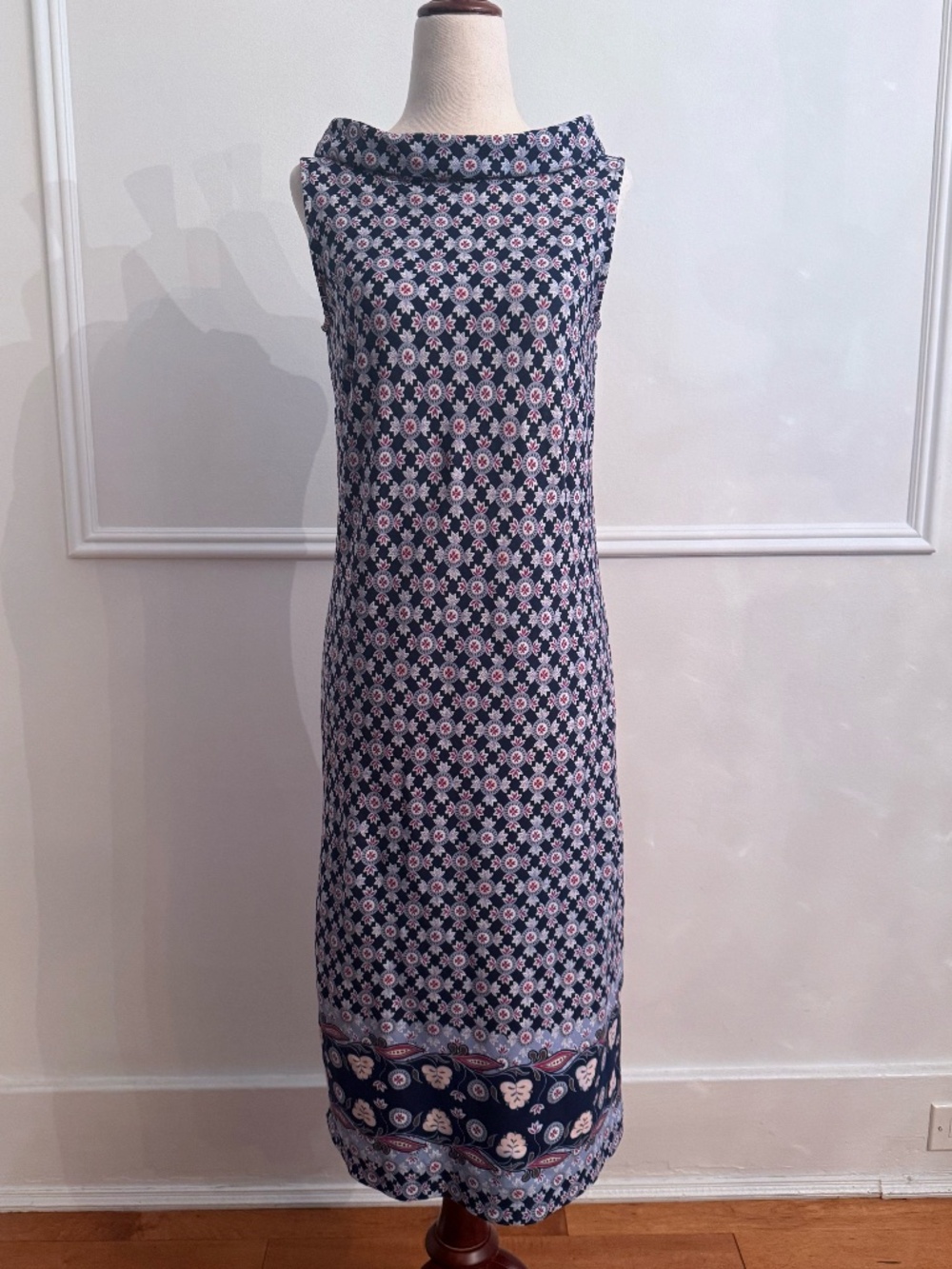 Talbots Sheath Dress Sz S Navy Medallion Print Floral Border Cotton Sleeveless